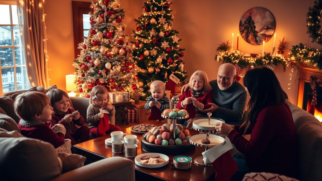 Joyful Family Holiday Gathering in a Festively Decorated Living Room image – free AI stock image