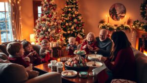 Joyful Family Holiday Gathering in a Festively Decorated Living Room image – free AI stock image