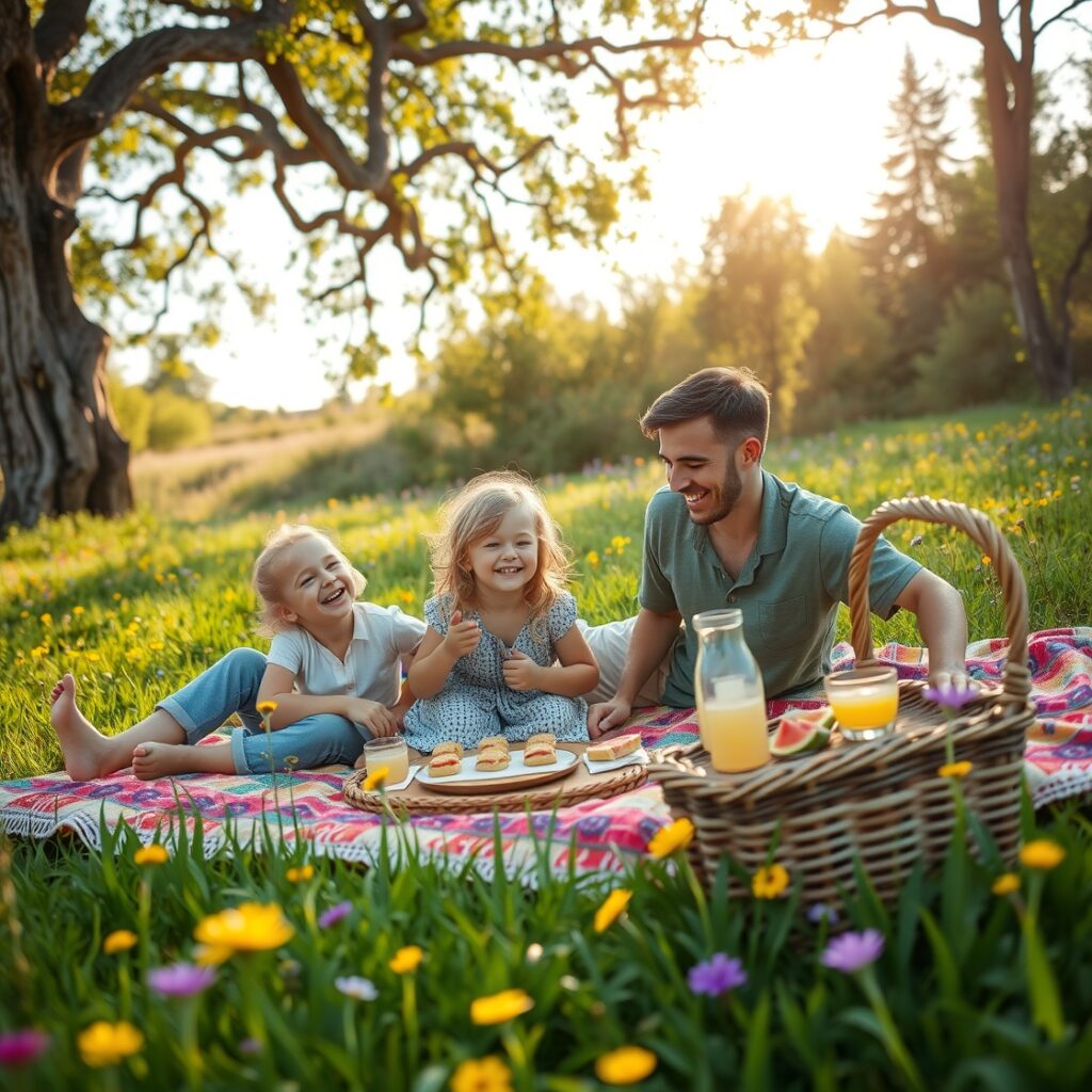 Joyful Family Picnic in a Sunlit Field – free AI stock image