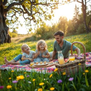 Joyful Family Picnic in a Sunlit Field – free AI stock image