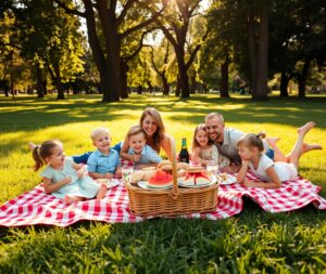 Joyful Family Picnic in a Sunlit Park – free AI stock image