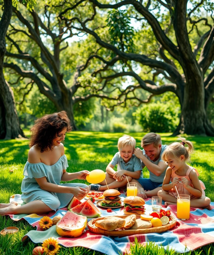 Joyful Family Picnic Under the Bright Sun – free AI stock image