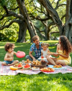 Joyful Family Picnic Under the Trees – free AI stock image