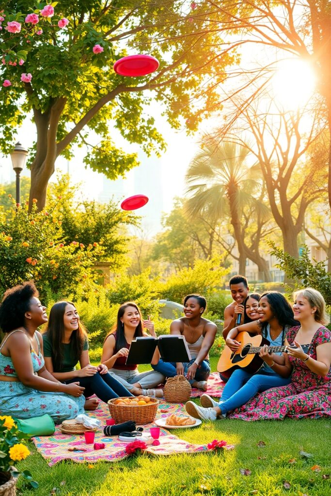Joyful Gathering of Diverse Friends in City Park – free AI stock image
