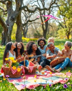 Joyful Gathering of Diverse Friends in Park – free AI stock image