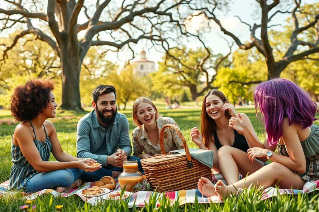 Joyful Gathering of Diverse Friends Outdoors – free AI stock image