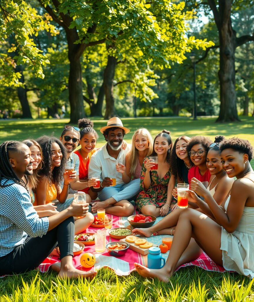 Joyful Gathering of Diverse Friends Outdoors – free AI stock image