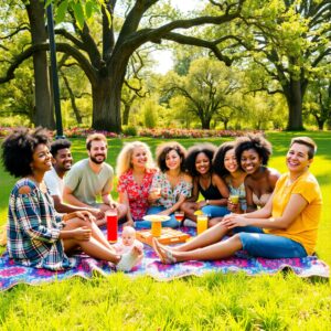 Joyful Gathering of Friends in a Park – free AI stock image