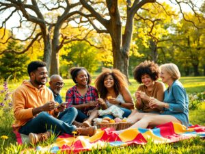 Joyful Gathering of Friends in a Park – free AI stock image