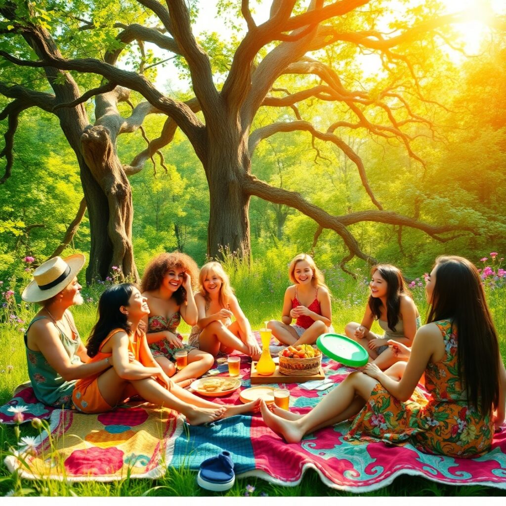 Joyful Gathering of Friends in Nature – free AI stock image