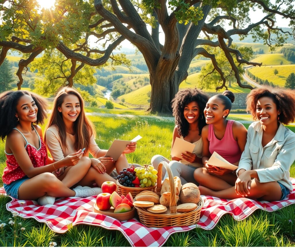Joyful Gathering of Friends in Nature – free AI stock image