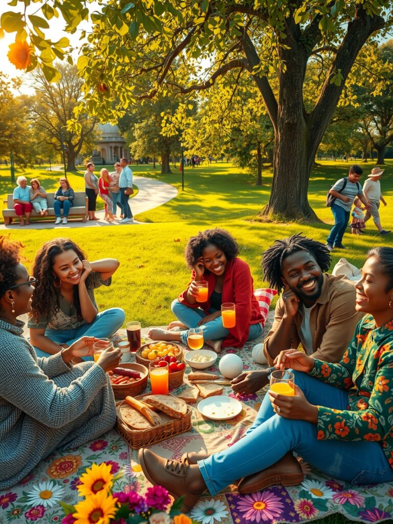 Joyful Gathering of Friends in Park – free AI stock image