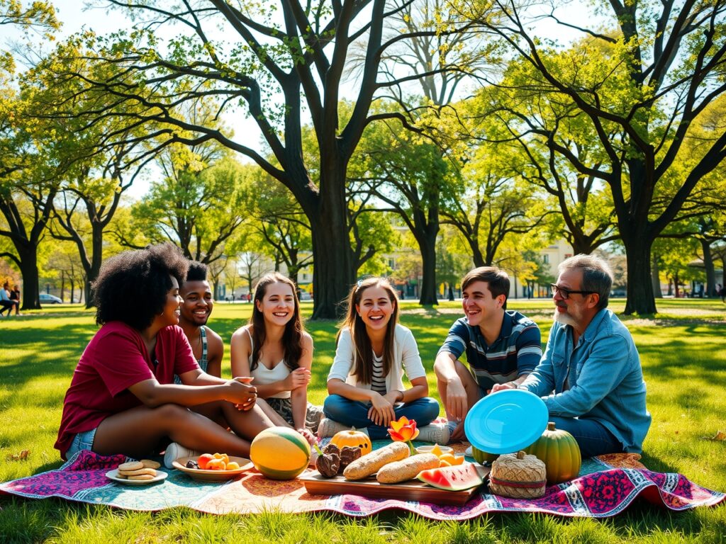 Joyful Gathering of Friends in Park – free AI stock image