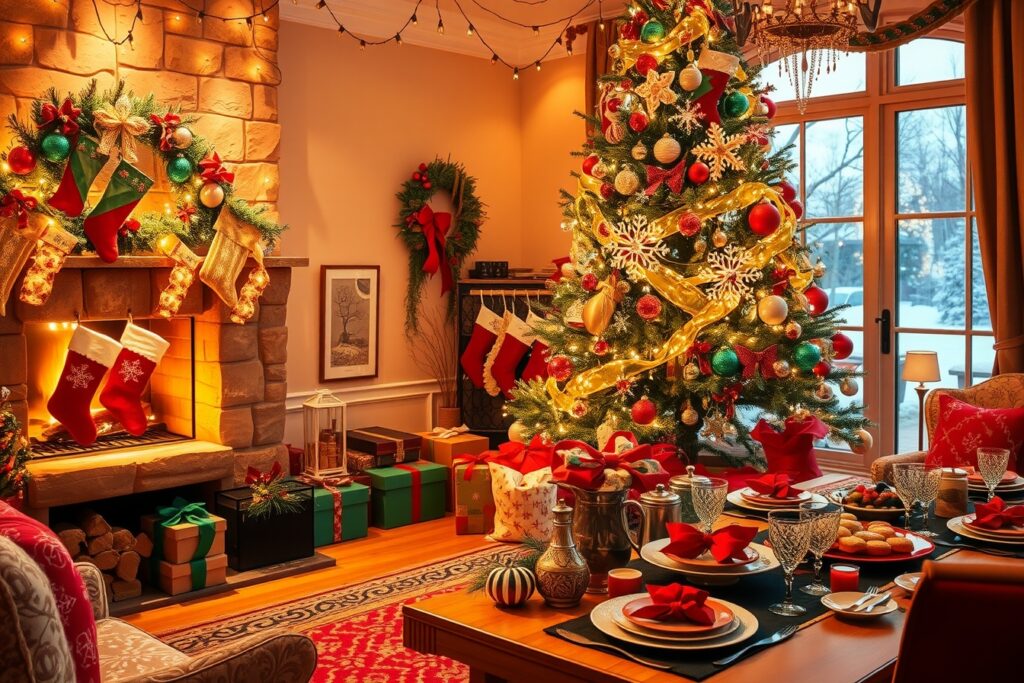 Joyful Holiday Celebrations with Lights and Gifts – free AI stock image