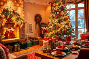 Joyful Holiday Celebrations with Lights and Gifts – free AI stock image
