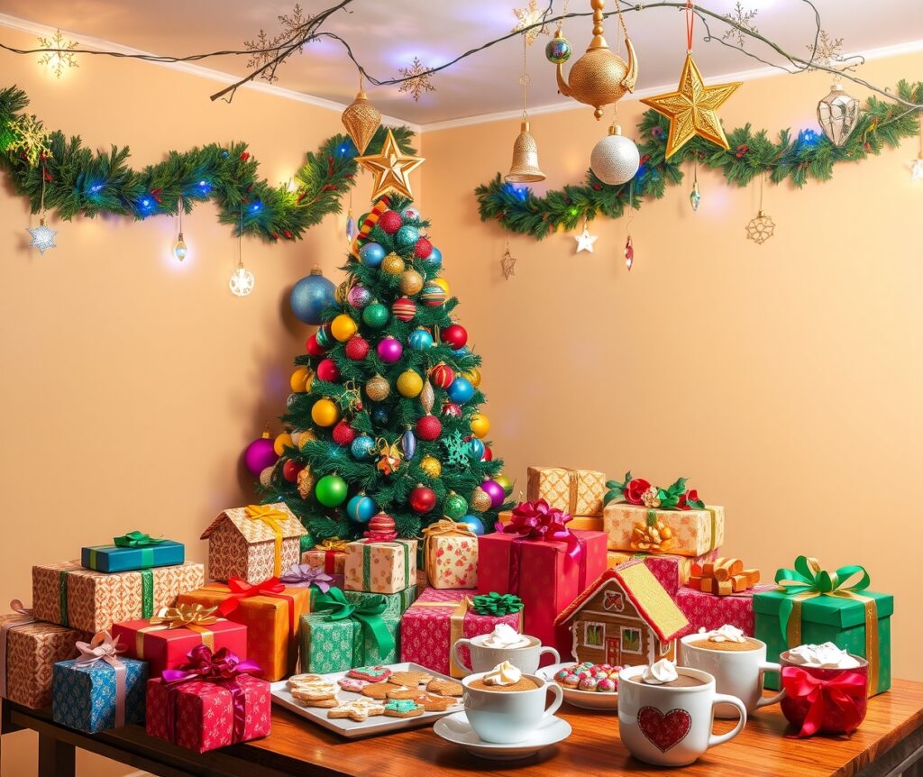 Joyful Holiday Scene with Festive Decorations – free AI stock image