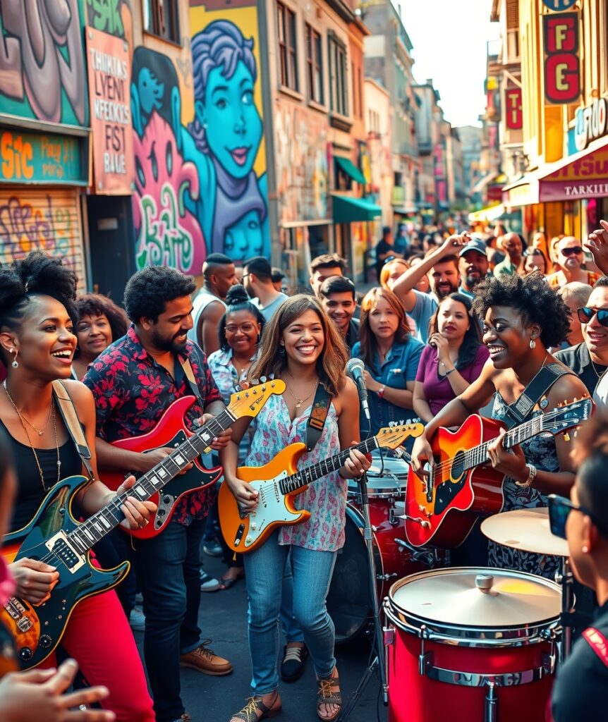 Joyful Street Musicians Gather in Harmony – free AI stock image