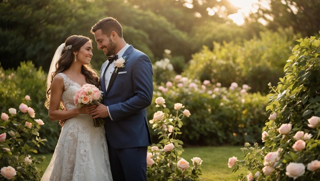 Joyful Wedding Celebration under Blooming Arches – free AI stock image