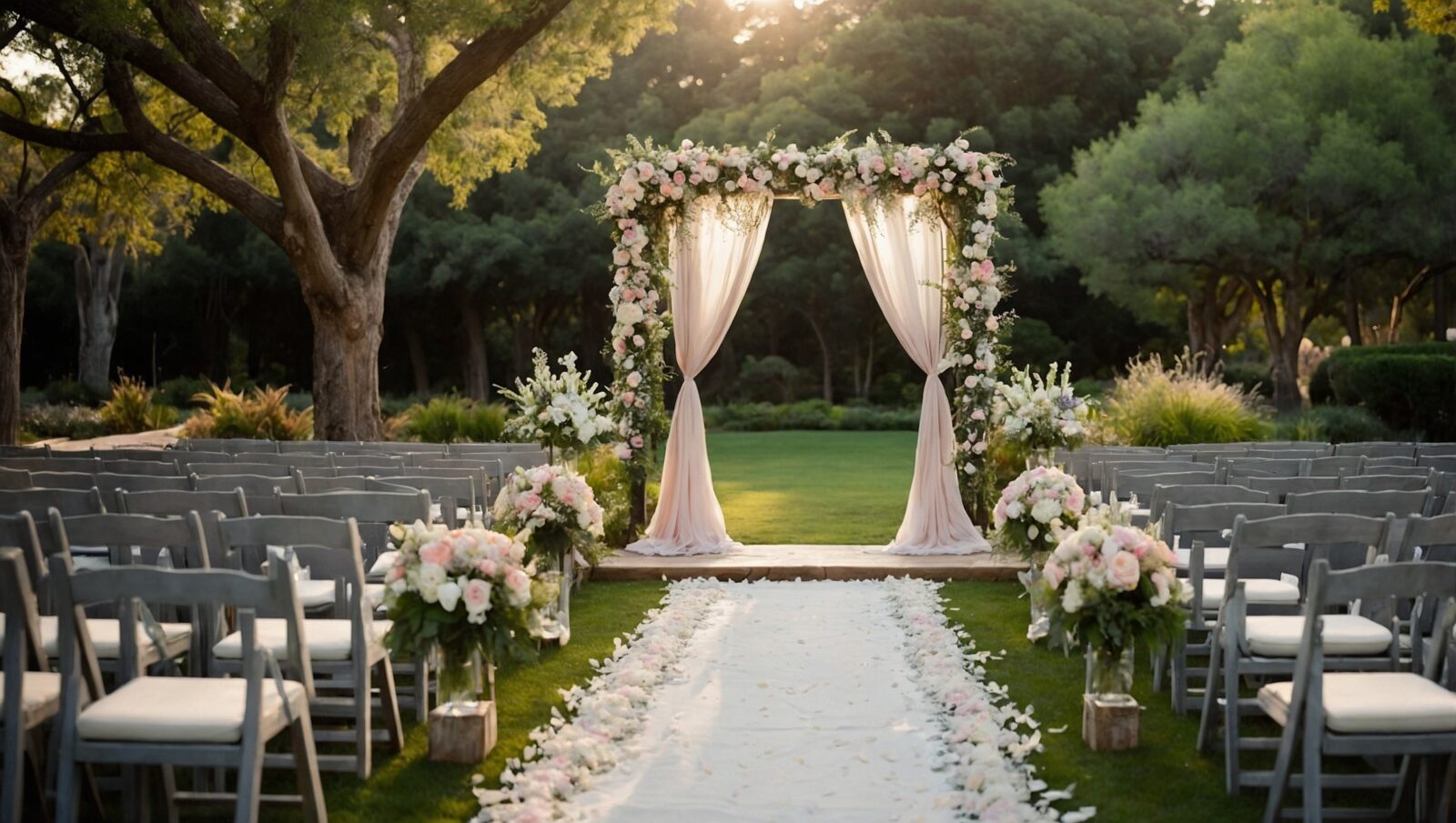 joyful wedding ceremony under a floral arch