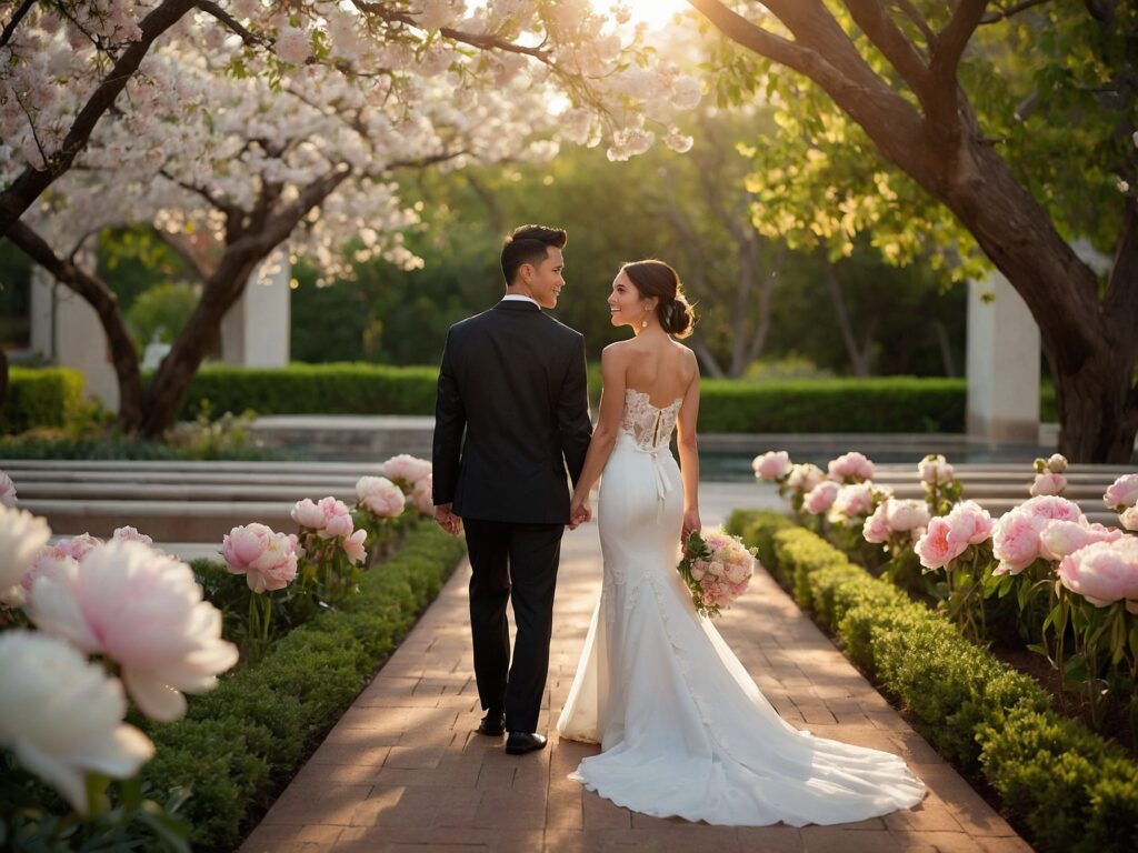 Joyful Wedding Ceremony Under Blossoming Trees – free AI stock image