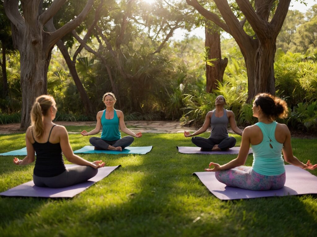 Joyful Yoga Class in a Lush Garden – free AI stock image