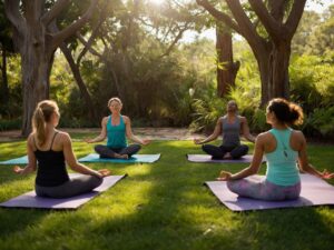 Joyful Yoga Class in a Lush Garden – free AI stock image
