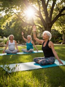 Joyful Yoga Class in Sunlit Park – free AI stock image
