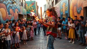 Juggling Flames in the City – free AI stock image