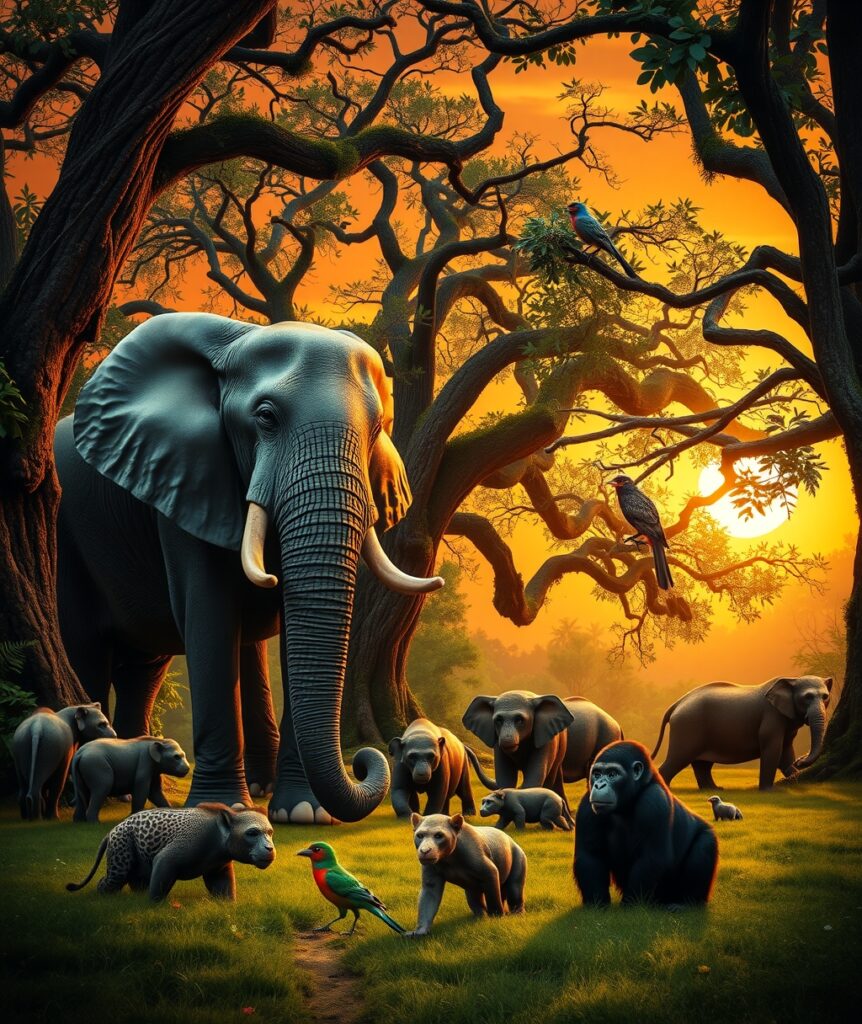Jungle Animals Gathering at Sunset – free AI stock image