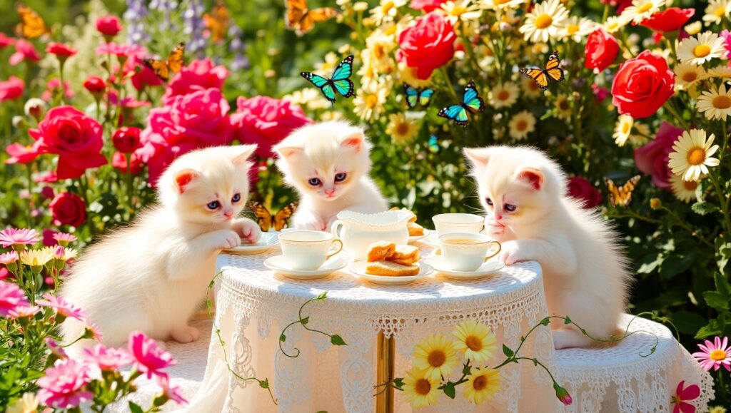 Kittens’ Charming Garden Tea Party – free AI stock image
