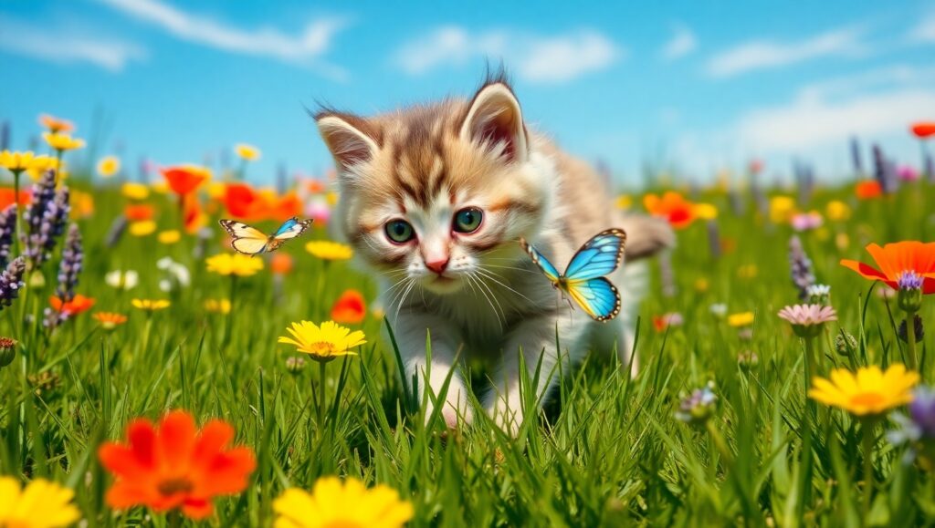 Kitten’s Playtime in the Meadow – free AI stock image