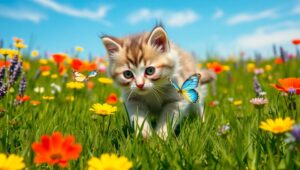 Kitten’s Playtime in the Meadow – free AI stock image