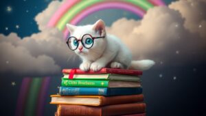 Kitten’s Rainbow Reading Adventure – free AI stock image