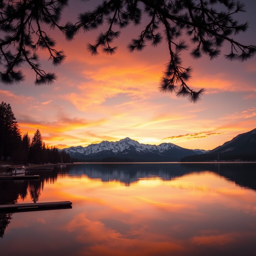 Lake Reflecting Mountains at Sunset – free AI stock image