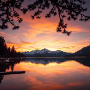 Lake Reflecting Mountains at Sunset – free AI stock image