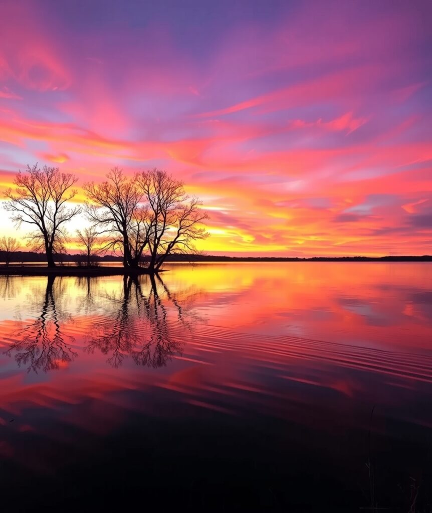 Lakeside Reflections at Sunset – free AI stock image