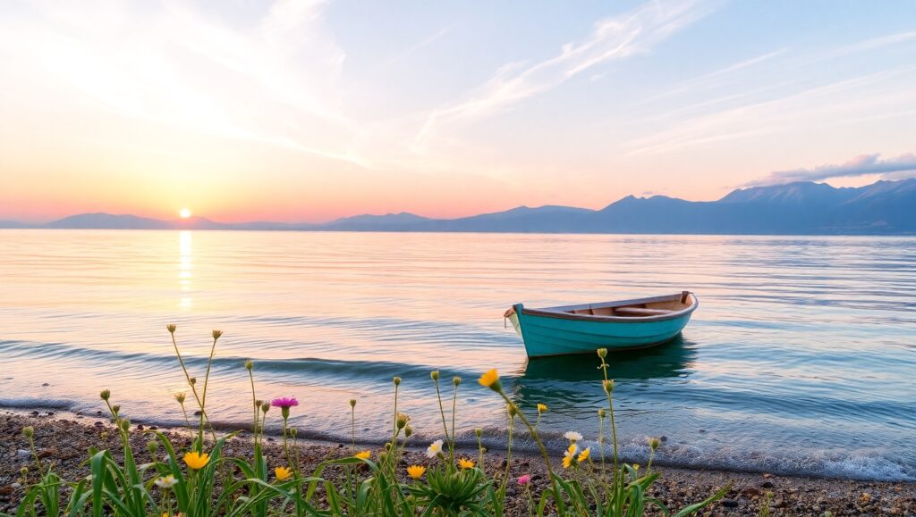Lakeside Serenity at Sunset – free AI stock image