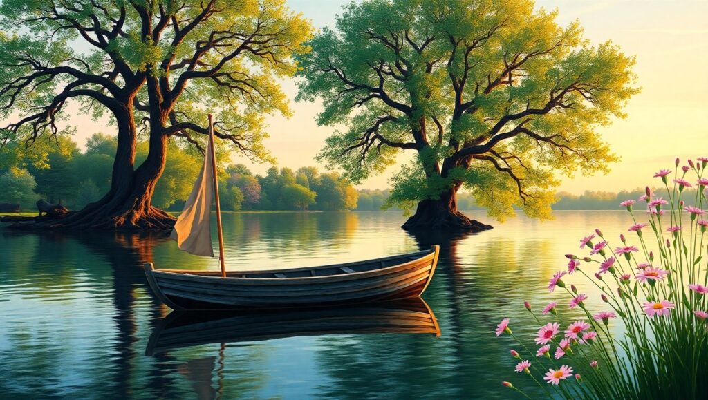 Lakeside Serenity in Pointillism – free AI stock image