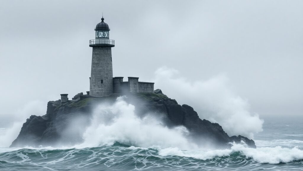 Lighthouse in Misty Monochrome – free AI stock image