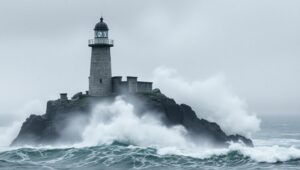Lighthouse in Misty Monochrome – free AI stock image