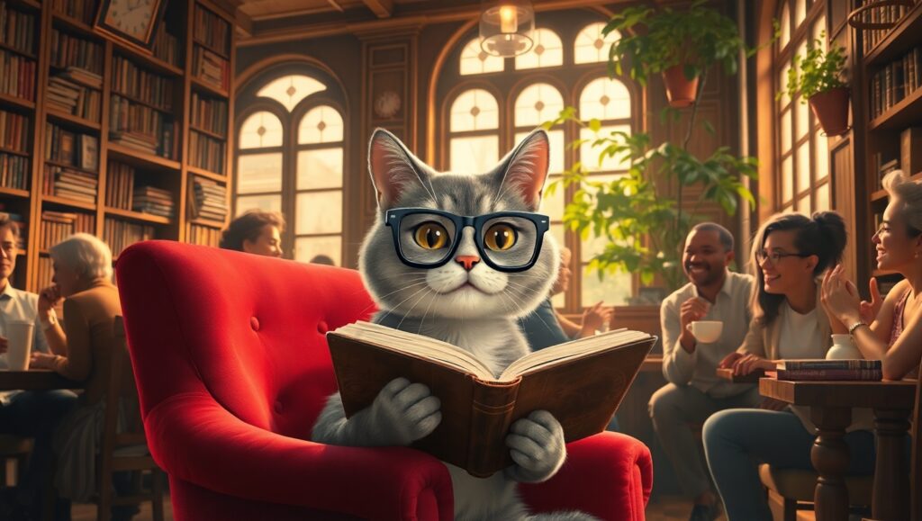Literary Cat in a Cozy Café – free AI stock image