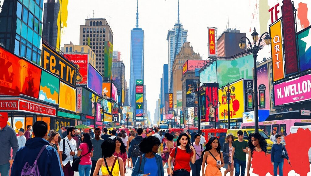 Lively Cityscape in Color Sketch Style – free AI stock image