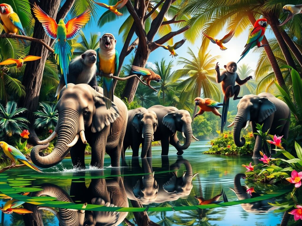 Lively Jungle Gathering of Wild Animals – free AI stock image