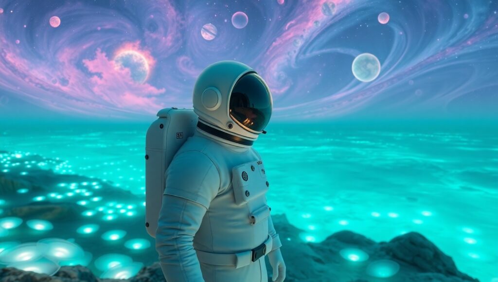 Lone Explorer of Alien Shores – free AI stock image