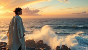Lone Figure on Cliff at Sunset – free AI stock image