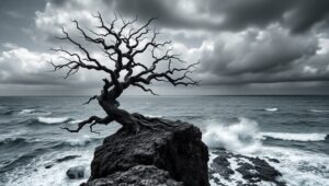 Lone Tree on Stormy Cliff – free AI stock image