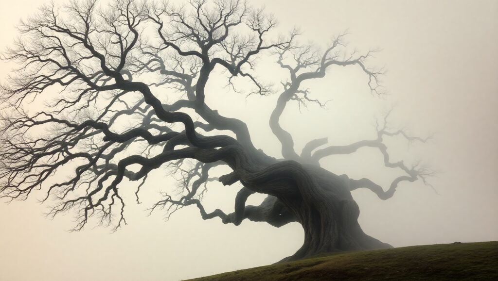 Lonely Tree in Misty Landscape – free AI stock image