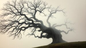 Lonely Tree in Misty Landscape – free AI stock image