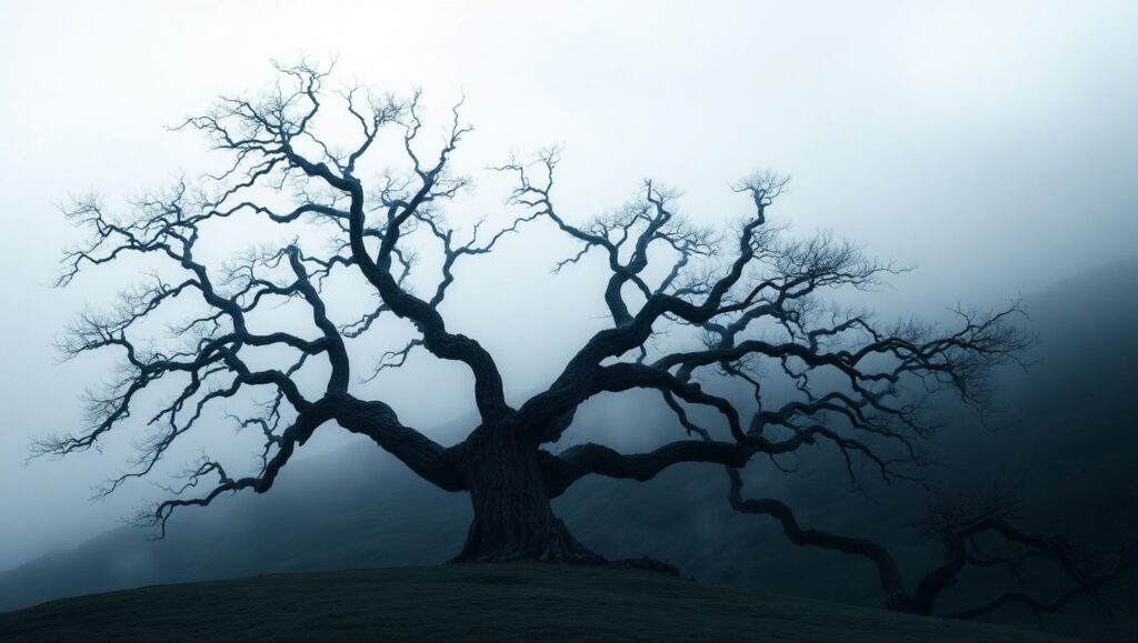Lonely Tree in Monochrome Mist – free AI stock image