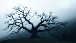 Lonely Tree in Monochrome Mist – free AI stock image